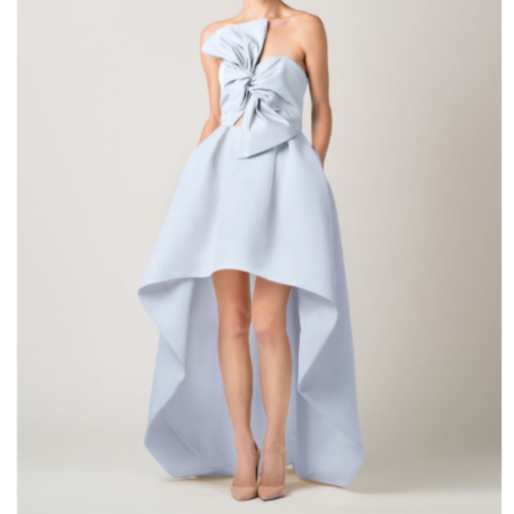Strapless High-Low Bow-Front Dress in Pale Blue